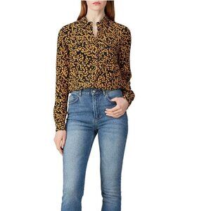 Ganni Black w/ Yellow Floral Print Button Front Blouse Sz 36